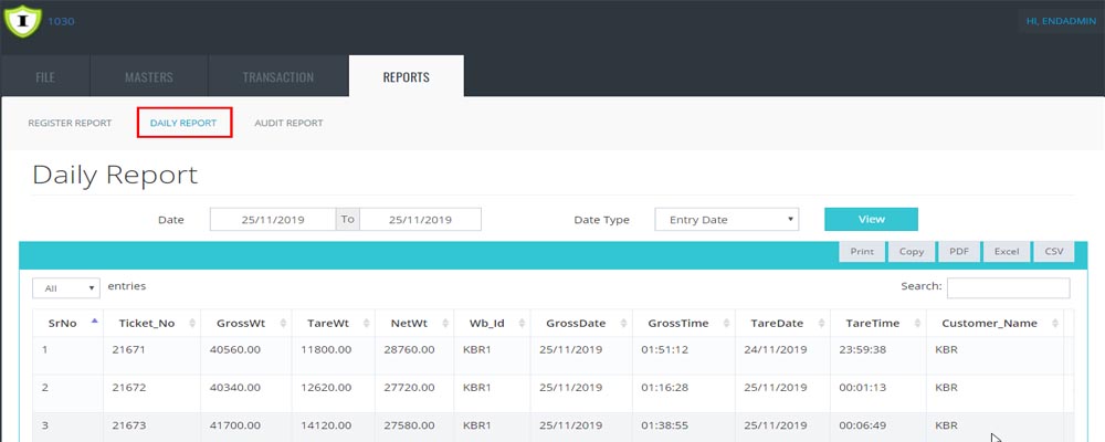 online weighbridge daily Register report